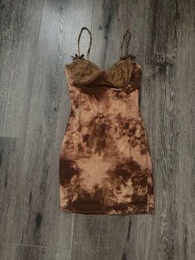 Brown Tie-Dye Mini Slip Dress